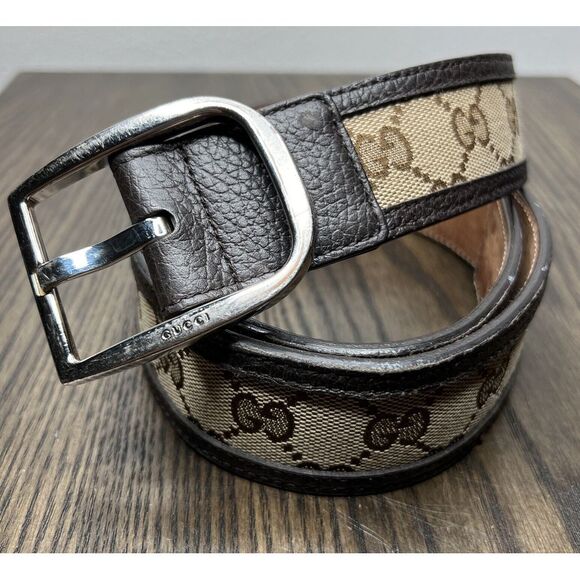 Gucci GG Canvas Mono Leather Palladium Silver Buckle Belt Brown Sz 34 - Picture 1 of 11